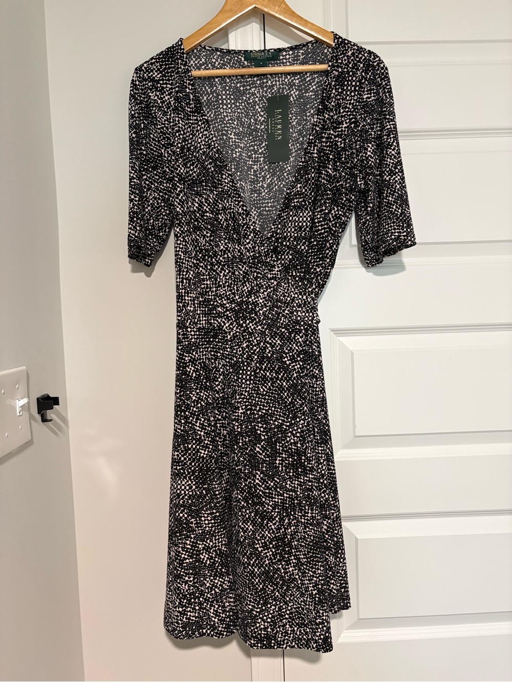 NWT Ralph Lauren Black and White Midi Wrap Dress Office Teacher Chic Size 14